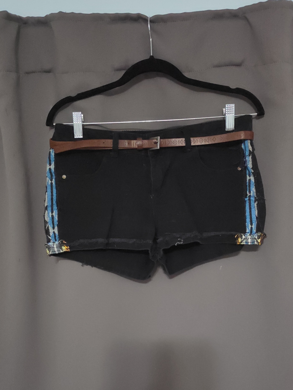 BONGO Black Jean Shorts with Blue Plaid Side Trim